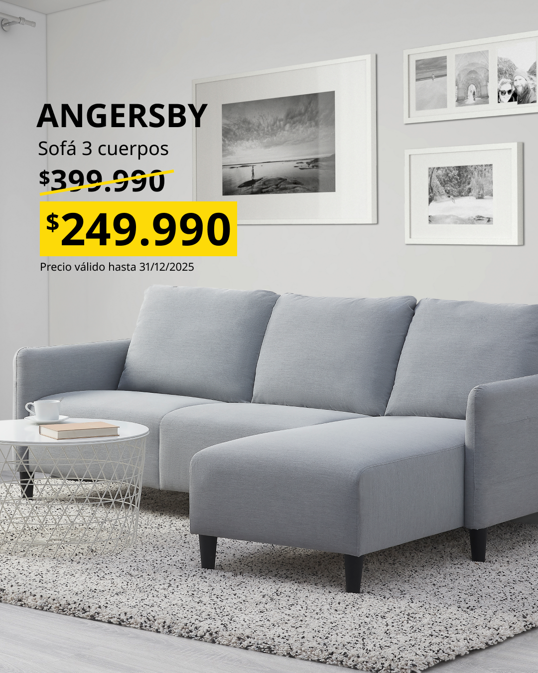 ANGERSBY Sofá gris de 3 cuerpos