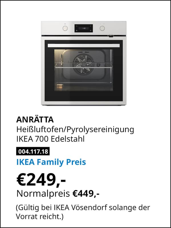 ANRÄTTA Heißluftofen mit Pyrolysereinigung, IKEA 700 Edelstahl statt € 449,- zum IKEA Family Preis von € 249,-