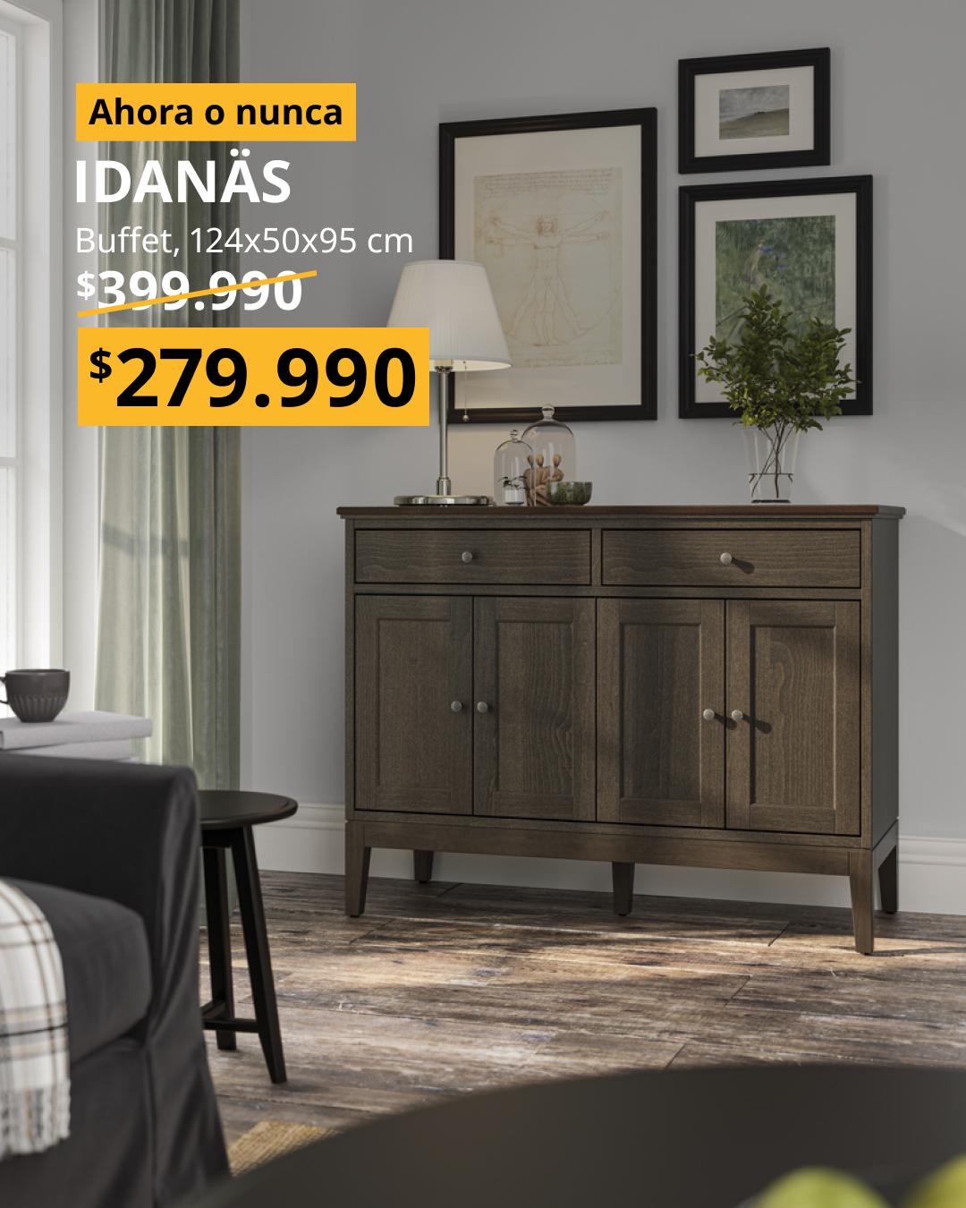 Aparador IDANÄS color marrón oscuro teñido, con puertas plegables, cajones y amplio espacio de almacenamiento.