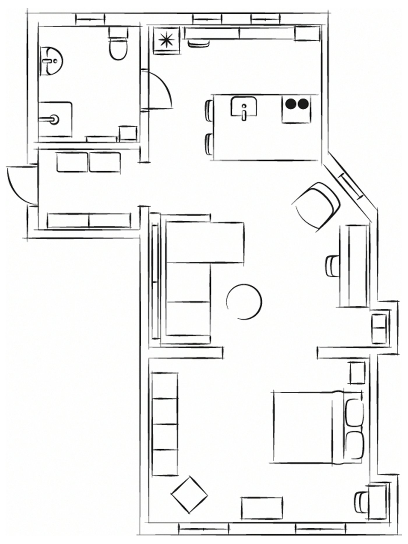Apartamentu baten diseinua erakusten duen zirriborro zuri-beltz mota bat.
