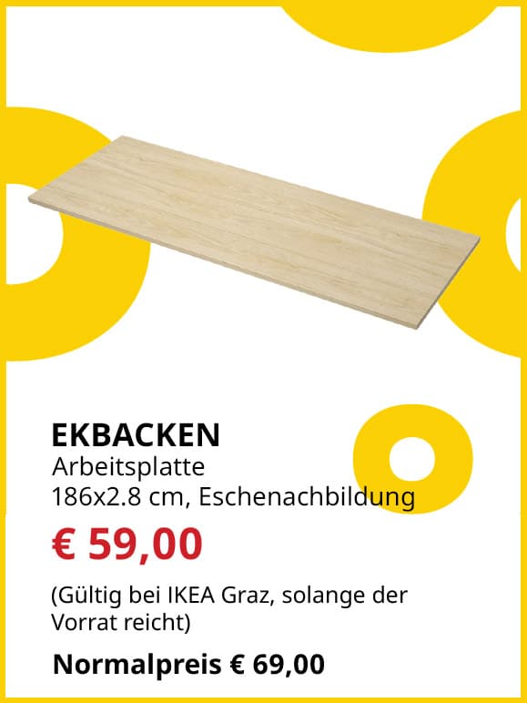 Arbeitsplatte Ekbacken, 186x2,8cm, Eschennachbildung/ Laminat, statt € 69 um € 59.