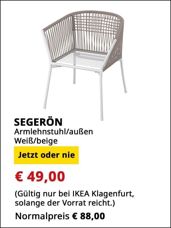 Armlehnstuhl Segerön, ohne Auflage, für Draußen, weiß/beige, statt  € 88 um € 49.
