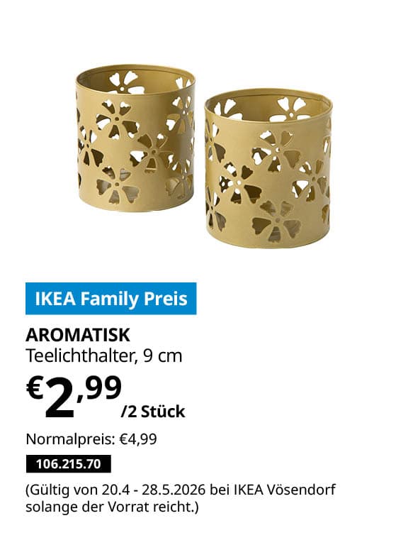 AROMATISK Teelichthalter, goldfarben, 9 cm  statt € 4,99 zum IKEA Family Preis von € 2,99