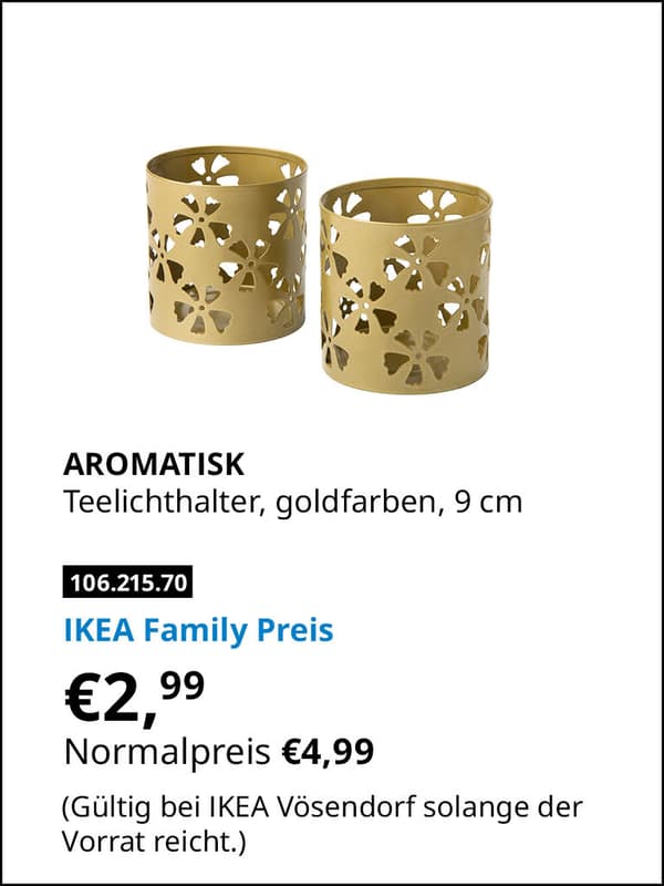 AROMATISK Teelichthalter, goldfarben 9cm statt € 4,99 zum IKEA Family Preis von € 2,99