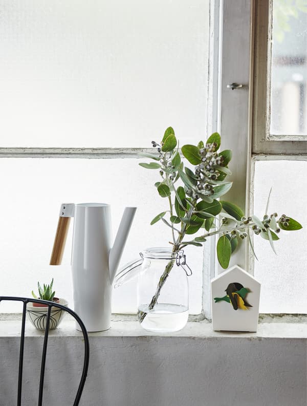 Arrosoir blanc et bocal décoré de plantes, sur un rebord de fenêtre.