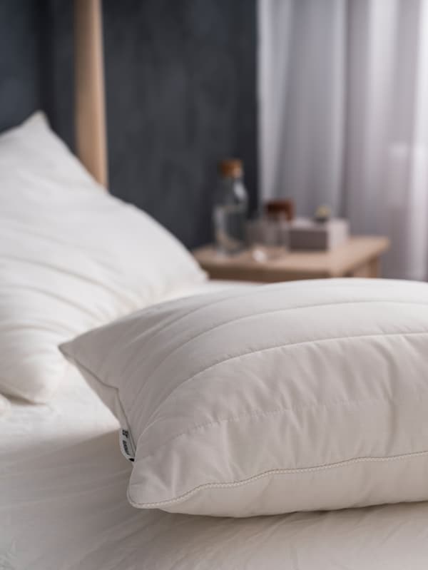 Artigos de cama, um deles é uma almofada ergonómica RUMSMALVA sem fronha, em cima de uma cama despida à espera de roupa de cama nova.