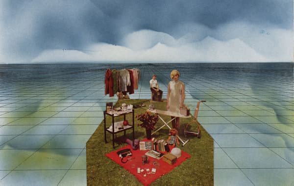 Artwork depicting people and mid-century home items.