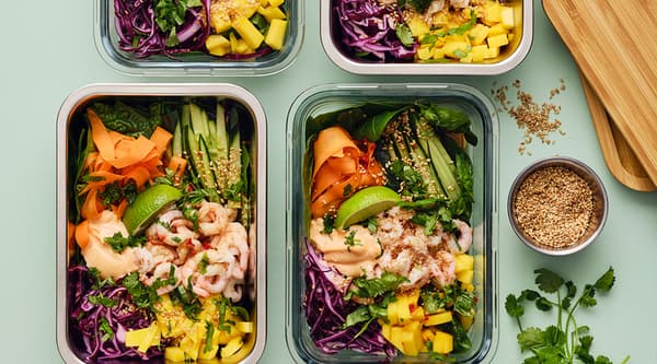 Asian bowl with shrimp & sriracha mayo.