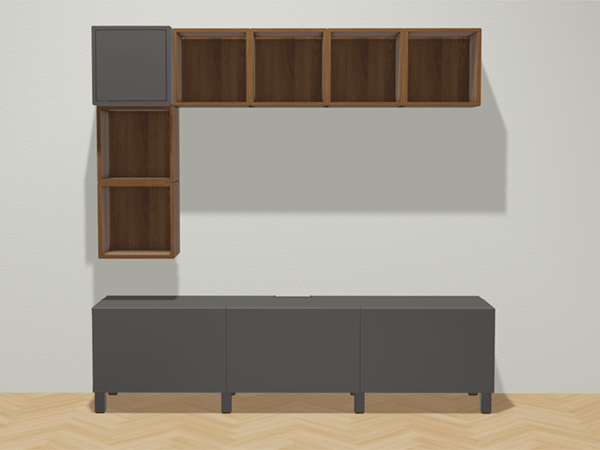 Auf dem Boden steht ein graues Besta Regal und darüber ein Regal aus Holz mit einer grauen Tür in der Ecke.