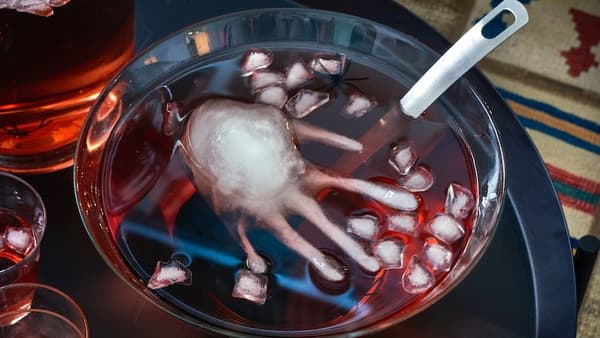 Auf diesem Bild kann man eine Halloween Bowle sehen mit roter Flüssigkeit in der eine Hand aus Eis schwimmt.