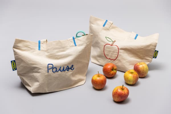 Auf einem Boden liegen 5 Äpfel und 2 Taschen mit einer blauen Schrift und einem roten Apfel.