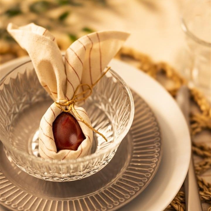 Auf einem Teller liegt eine Serviette als Deko und darin ein rotes Ei.