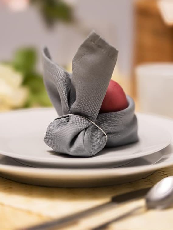 Auf einem weißen Teller steht ein Hase geformt aus einer Serviette. Die Serviette hat hinten einen Kreis wo man ein Ei rein geben kann.