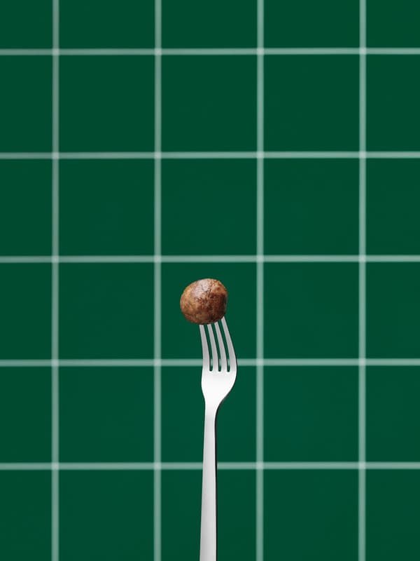 Auf einer Gabel ist ein Proteinbällchen aufgespießt