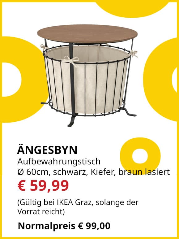 Aufbewahrungstisch Ängesbyn,  Duchmesser 60cm, schwarz, Kiefer hellbraun lasiert, statt € 99 um € 59,99.