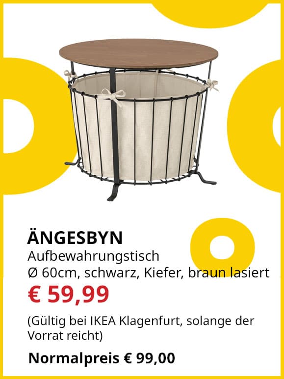 Aufbewahrungstisch Ängesbyn,  Duchmesser 60cm, schwarz, Kiefer hellbraun lasiert, statt € 99 um € 59,99.