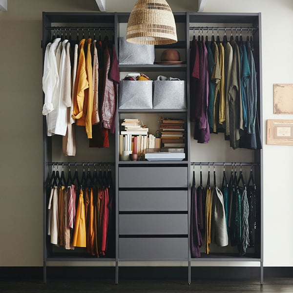 AURDAL wardrobe closet with drawers in dark grey.