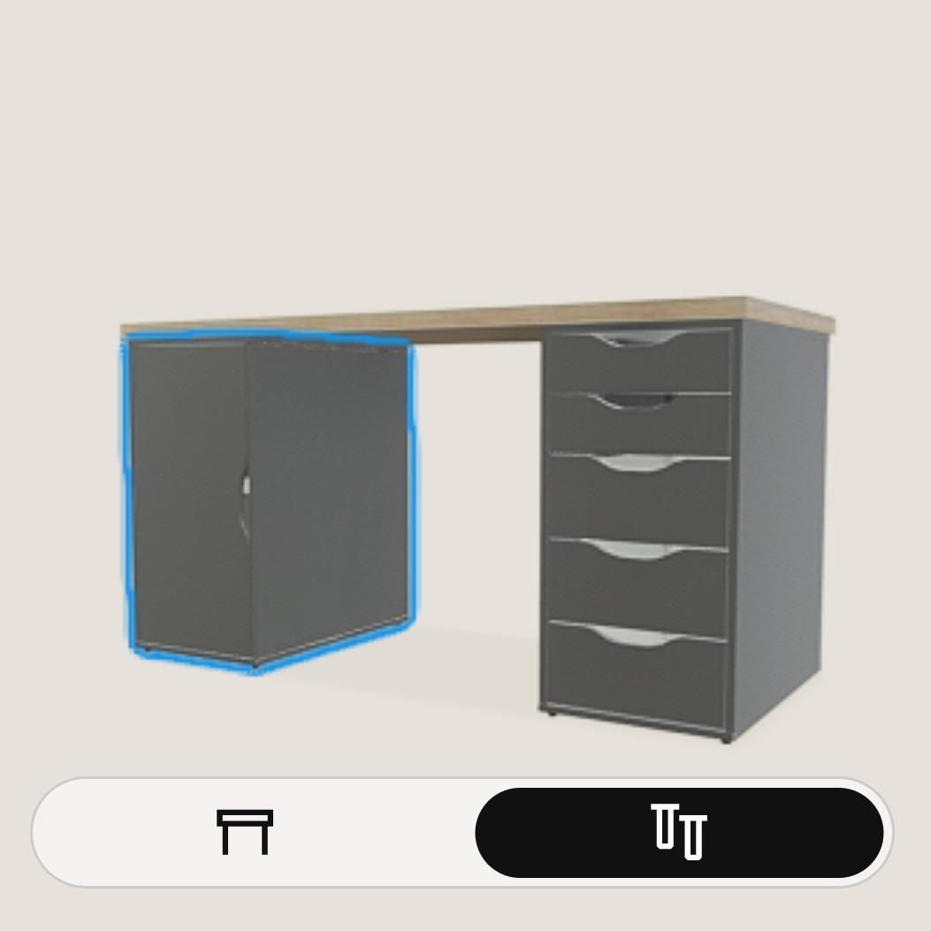 Ausschnitt aus dem Schreibtisch Konfigurator der eine Tischplatte mit einem Schubladenelement und einem Schrank zeigt.