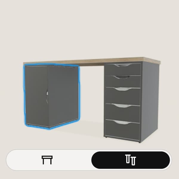 Ausschnitt aus dem Schreibtisch Konfigurator der eine Tischplatte mit einem Schubladenelement und einem Schrank zeigt.