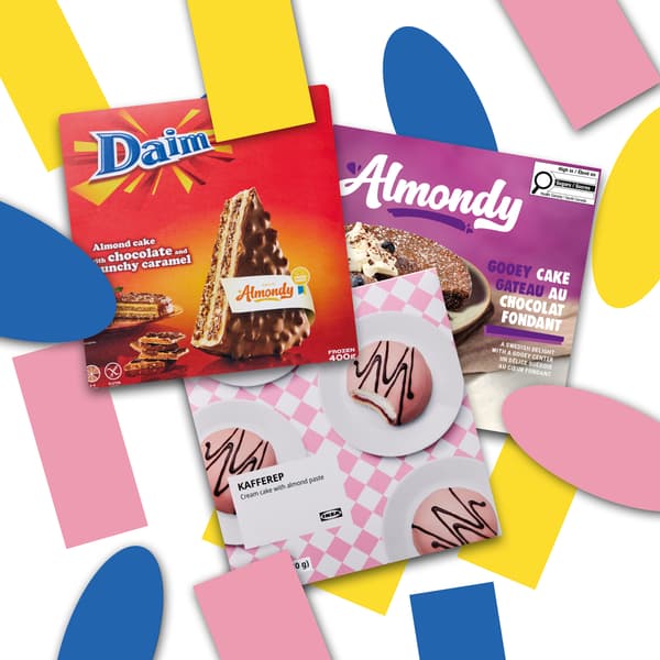 Auswahl verpackter Süßwaren und Kuchen-Snacks, darunter „Almondy“ und „Daim“, auf einem bunten grafischen Hintergrund.