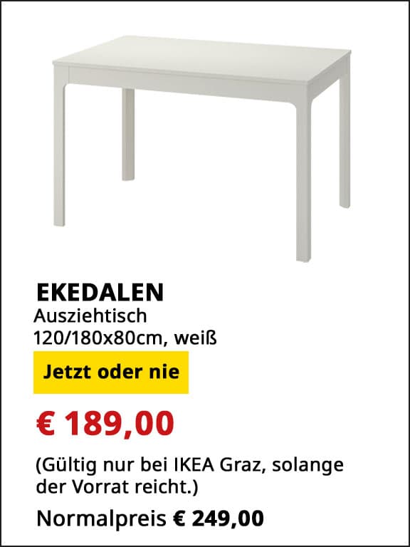 Ausziehtisch Ekedalen, 120 auf 180 cm, 80cm breit, weiß, statt € 249 um € 189.