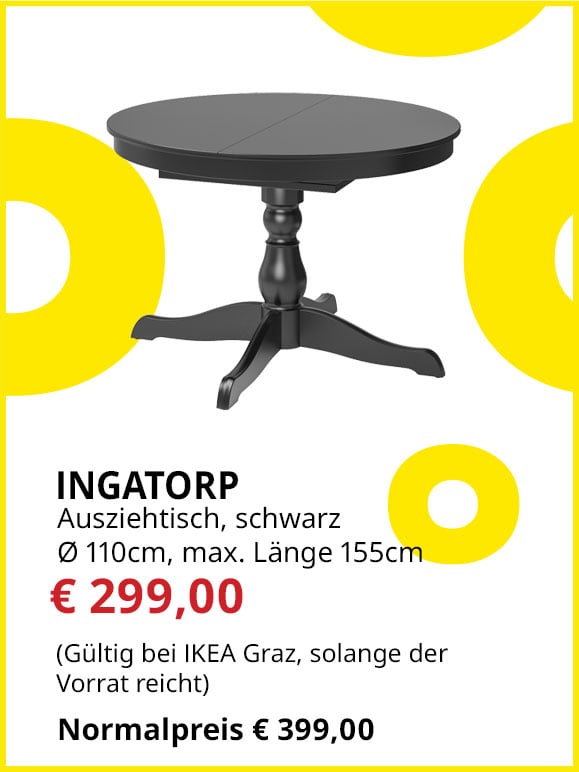 Ausziehtisch Ingatorp,  Durchmesser 110cm, auf 155 cm ausziehbar, statt € 399 um € 299.