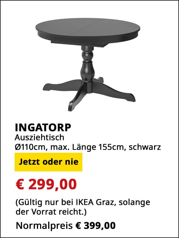 Ausziehtisch Ingatorp, Durchmesser 150cm, max. Länge 155cm, schwarz, statt € 399 um € 299.