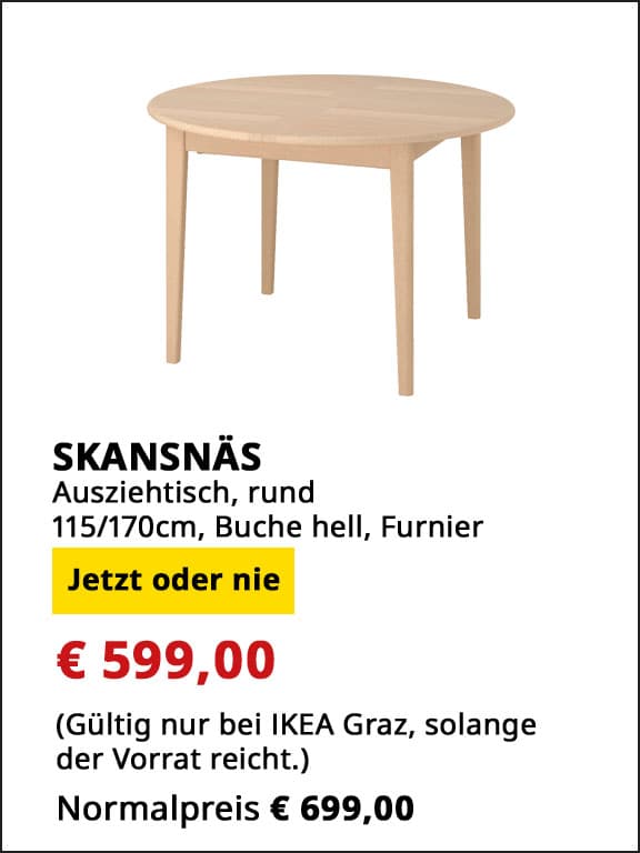  Ausziehtisch SKANSNÄS. 115/ 170cm, Buche hell/ Furnier, statt  € 699 um € 599.