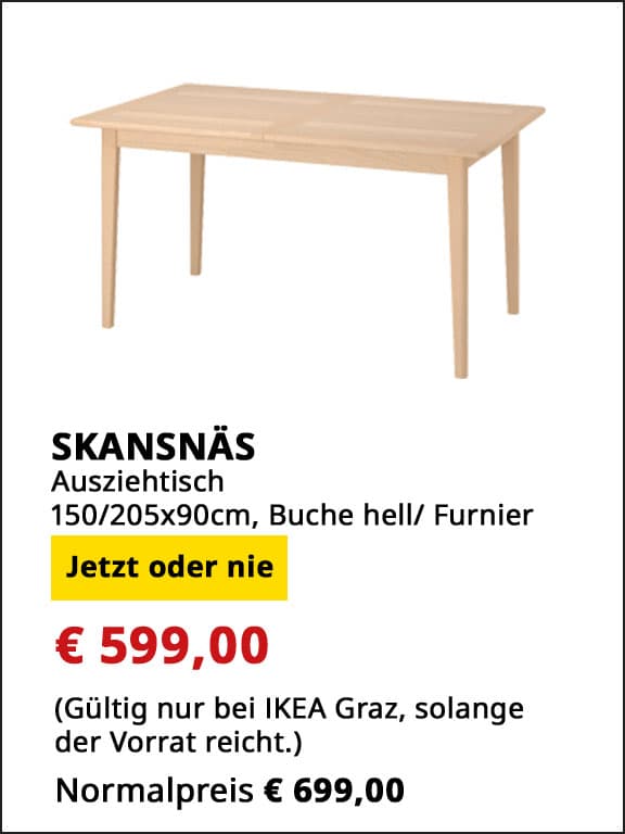   Ausziehtisch SKANSNÄS. 150/205x90cm, Buche hell/ Furnier, statt  € 699 um € 599.