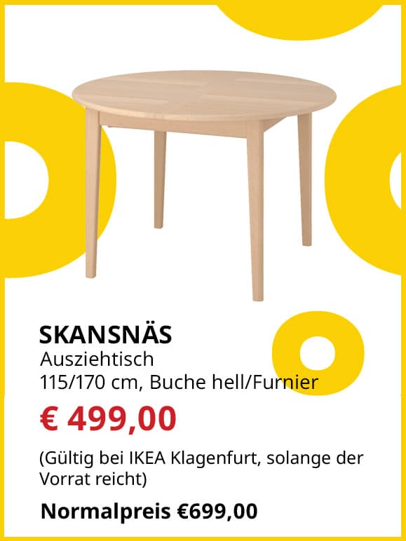 Ausziehtisch Skansnäs, rund, 115x170cm,Buche hell, furniert, statt € 699 um € 499.