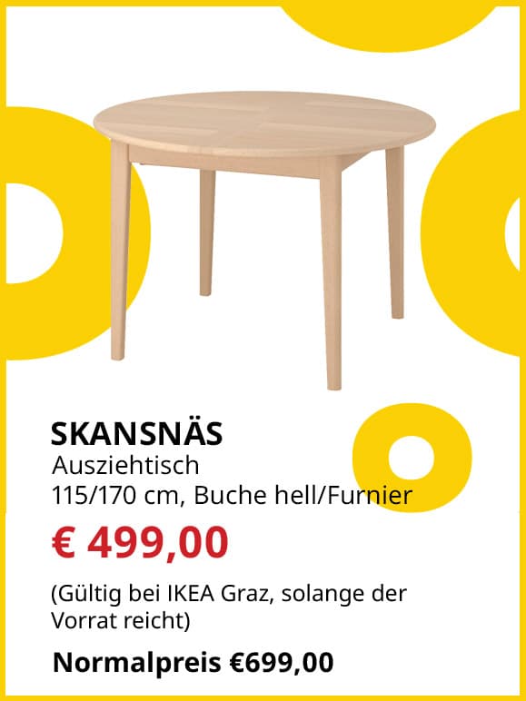 Ausziehtisch Skansnäs, rund, 115x170cm,Buche hell, furniert, statt € 699 um € 499.