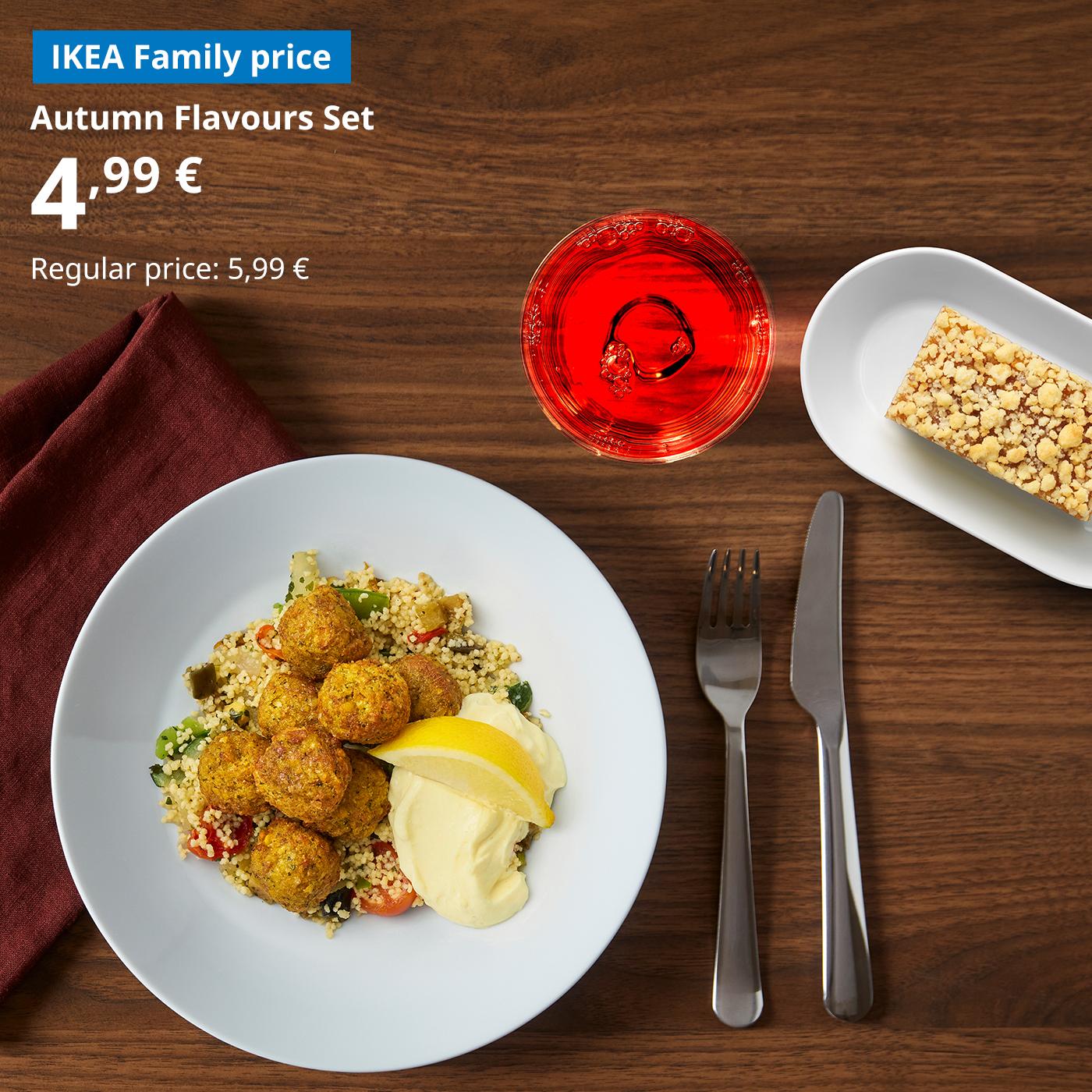 Autumn Flavours Set: Chickpea falafel with couscous, apple cake, and a refreshing drink at a great price for 4,99 € with IKEA Family card (regular price: 5,99 €). The offer is valid until 30 September.