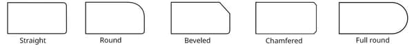 Available countertop edge styles for this price level. Straight, round, beveled, chamfered, full round