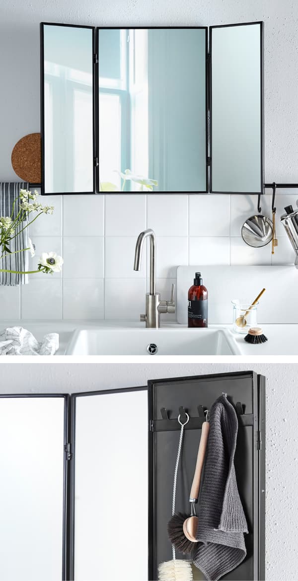 Ayez un œil sur ce qui se passe derrière vous pendant que vous faites la vaisselle! Placez un miroir au-dessus de l’évier. Essayez le miroir de table IKEA KARMSUND