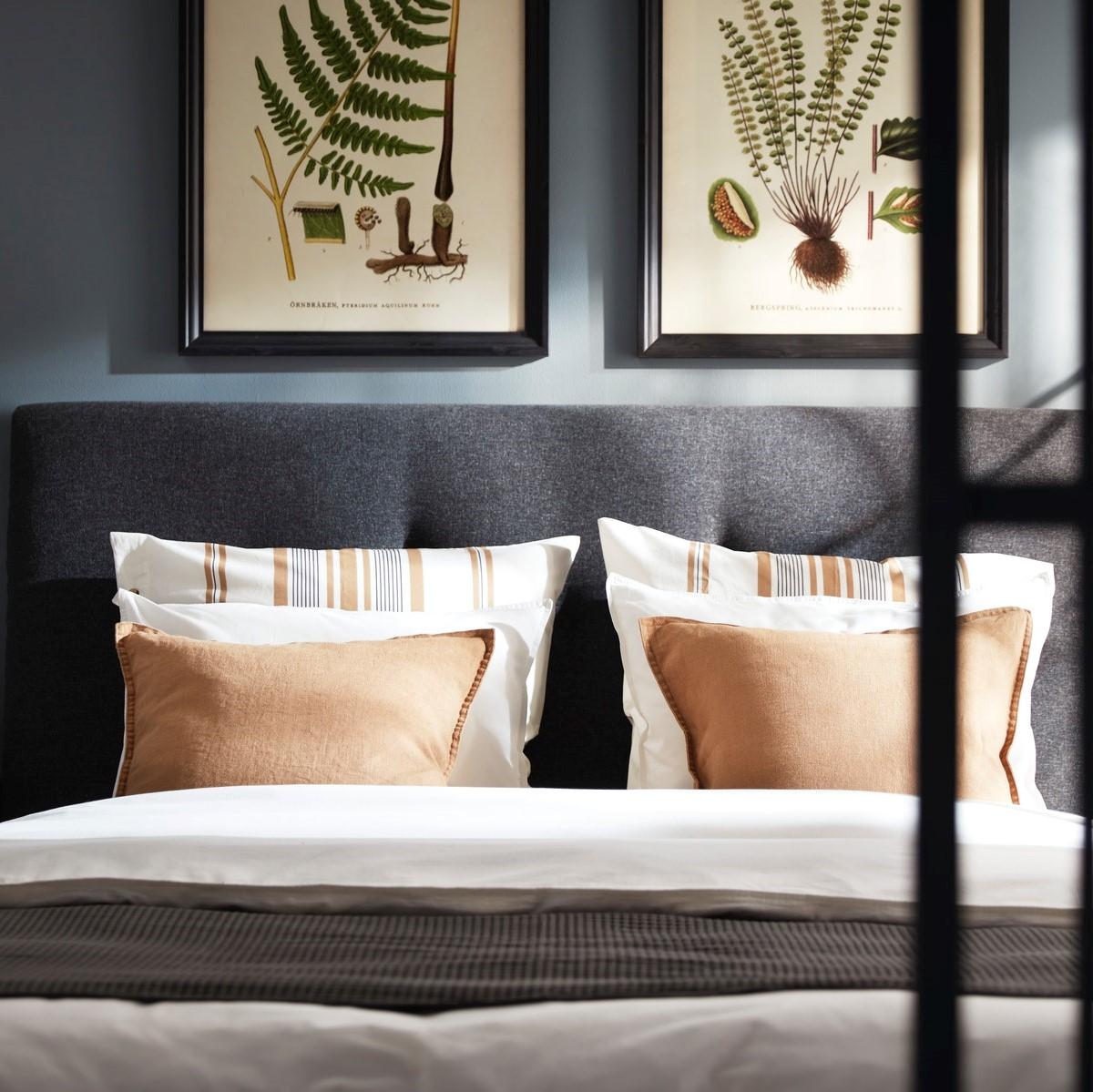 Az ágy részlete sötét kárpitozott fejvéggel, fehér ágyneművel és barna párnákkal, az ágy felett két keret páfrányillusztrációkkal.