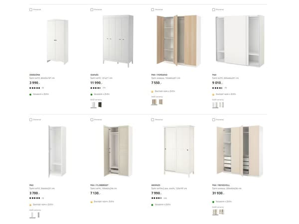 Az IKEA ruhásszekrény-kínálatának áttekintése – nyolc modell különböző kivitelben, színekben és árkategóriákban, beleértve a PAX és SONGESAND rendszereket is.