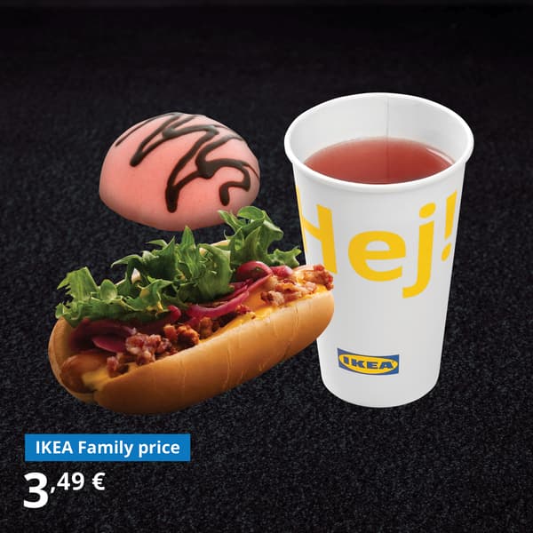 Bacon & cheddar hot dog, Swedish princess cake, and cold drink from the drink island