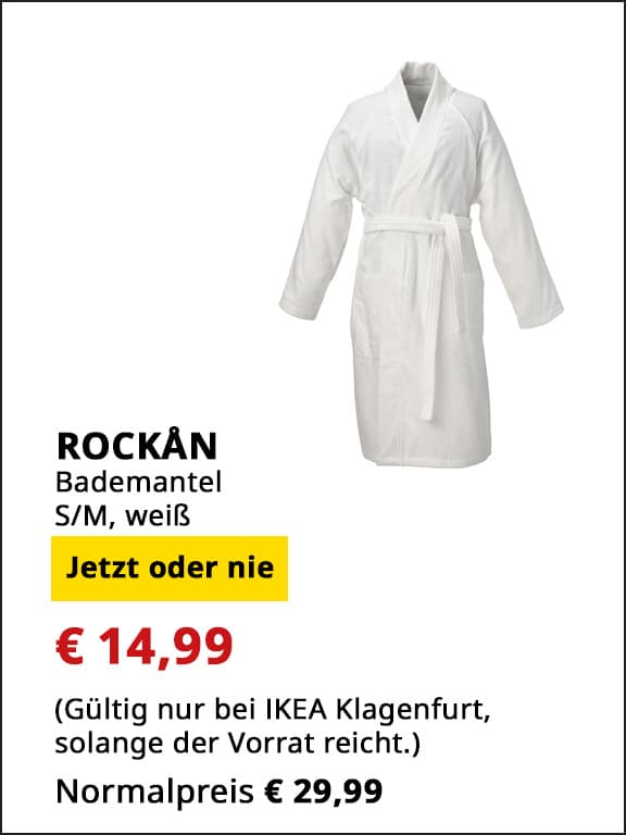Bademantel Rockån, weiß Größe S/M, statt € 29,99 um € 14,99.