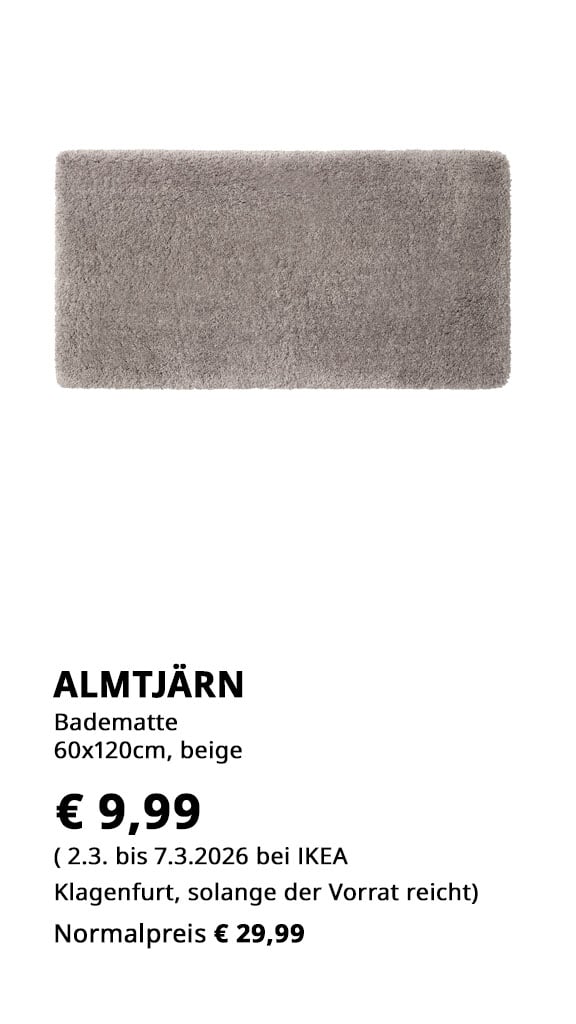 Badematte ALmtjärn, 60x120cm, beige, statt € 29,99 um € 9,99.
