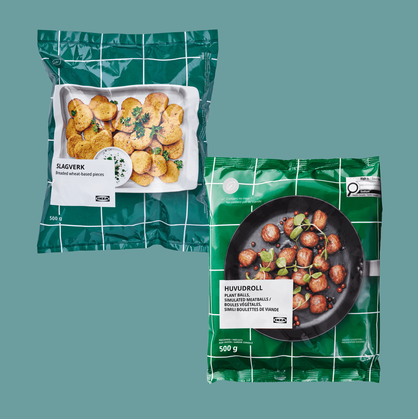 Bags of IKEA frozen products: SLAGVERK, wheat-battered bites, and HUVUDROLL, plant-based meatballs, on a teal background.