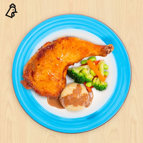Baked chicken leg with mashed potato, mixed vegetables and green soya beans (indoor cage-free chicken). $9.50.
(5 May - 31 August)