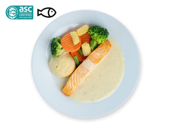 Baked Salmon Fillet with Lemon Dill Sauce, Mashed Potatoes and Mixed Vegetables