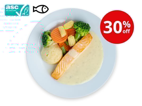 Baked Salmon Fillet with Lemon Dill Sauce, Mashed Potatoes and Mixed Vegetables