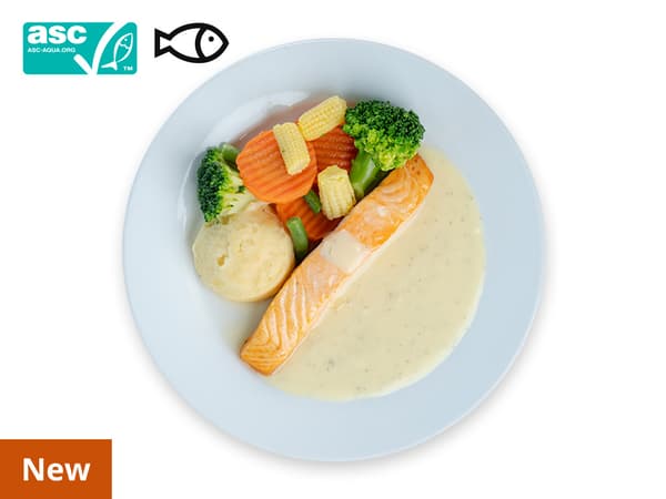 Baked Salmon Fillet with Lemon Dill Sauce, Mashed Potatoes and Mixed Vegetables