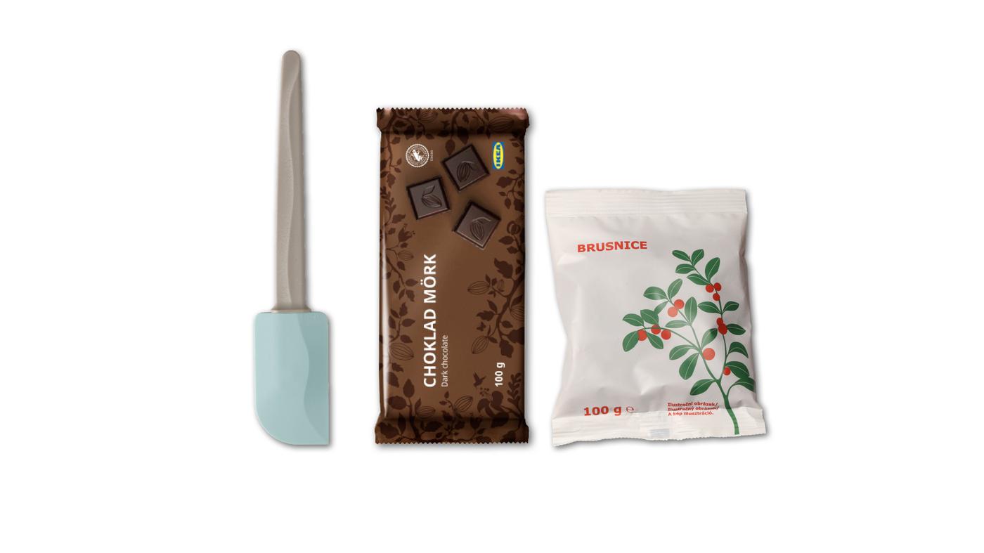 BAKGLAD, CHOKLAD MÖRK, BRUSINKY
1x Gumová stěrka, 26 cm, Béžová/modrá,
1x Hořká čokoláda, 100 g,
1x Sušené brusinky, 100 g