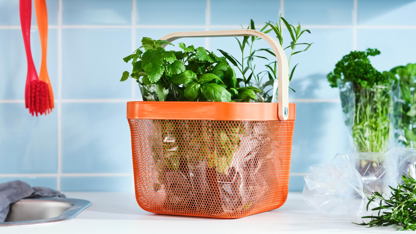 Bancada de cozinha com ervas aromáticas dentro de um cesto em rede metálica RISATORP em laranja brilhante com pega em chapa de bétula.