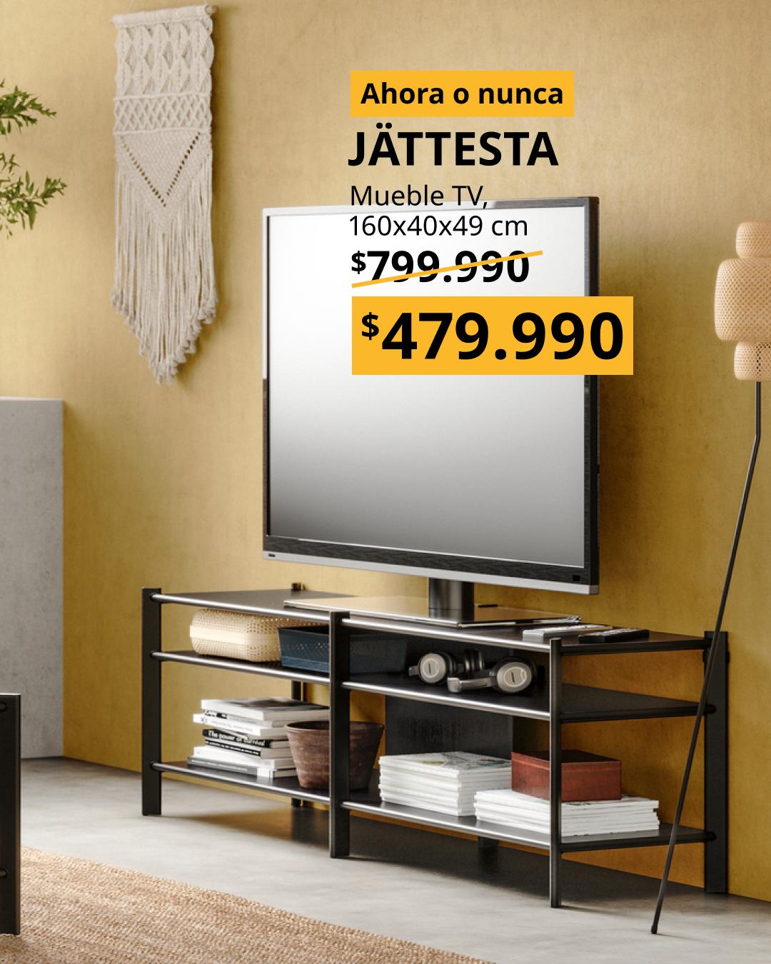 Banco para TV JÄTTESTA negro con estantes abiertos y diseño minimalista de estilo escandinavo.