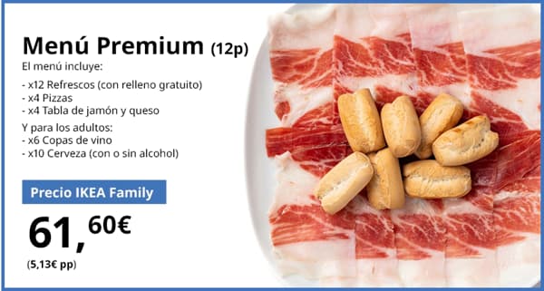 Bandeja con jamón cortado fino y colines, junto a la descripción del Menú Premium para 12 personas de IKEA Family.
