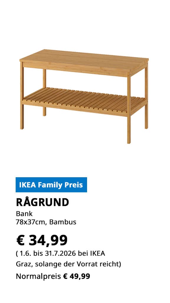 Bank Rågrund, bambus 78x37cm, statt € 49,99 zum IKEA Family Preis von € 34,99.