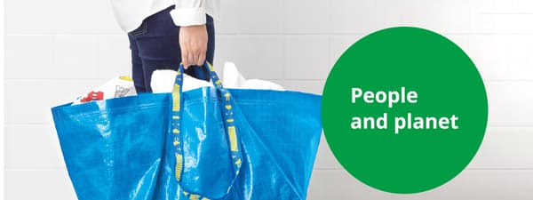 Bannar of people and planet, hand holding IKEA frakta bag
